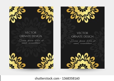 Golden floral motif. Luxury vertical posters with ornaments on the black background. Vector design with decorative elements and copy space for vip invitation, funeral cards and other.