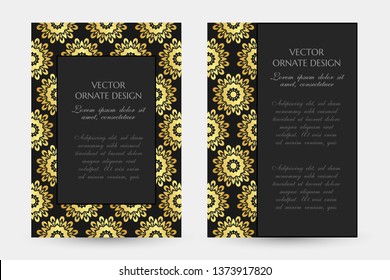 Golden floral motif. Luxury vertical posters with decorative frame and border on the black background. Vector illustration for event invitation, ceremony card or celebration banner.