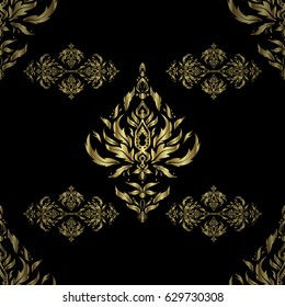 Golden floral motif on a black background. Vector glitter textured seamless pattern with golden elements and ornaments. Perfect for holidays.
