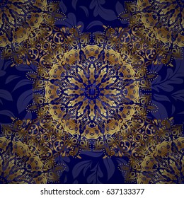 Golden floral motif on a blue background. Vector glitter textured seamless pattern with golden elements and ornaments. Perfect for holidays.