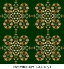 Golden floral motif on a green background. Vector glitter textured seamless pattern with golden elements and ornaments. Perfect for holidays.