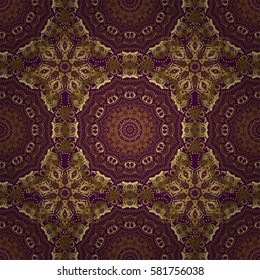 Golden floral motif on a purple background. Vector glitter textured seamless pattern with golden elements and ornaments. Perfect for holidays.