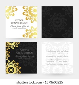 Golden floral motif. Square cards collection. Banners with decoration elements on the black and white background. Vector illustration for event invitation, ceremony card or celebration banner.