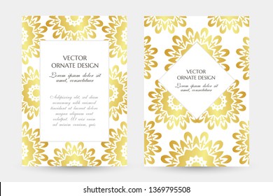 Golden floral motif. Stylish vertical posters with ornamental frames on the white background. Vector design with decoration elements and copy space for wedding invitation, anniversary cards and other.