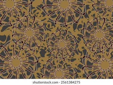 Golden floral motifs for textiles or prints on T-shirts. Dark textured tropical background for fashion, business concepts, covers, invitation cards, interiors, tiles, dynamic posters, etc. Vector