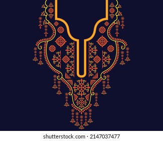 Golden floral necklace embroidery design for fashion women. Embroidery pattern with beautiful colorful Geometric Ethnic oriental for neckline