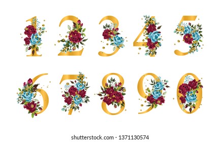 Golden floral numbers with flowers bordo navy blue roses leaves and gold splatters isolated on white background. Vector illustration for wedding, greeting cards, invitations template design
