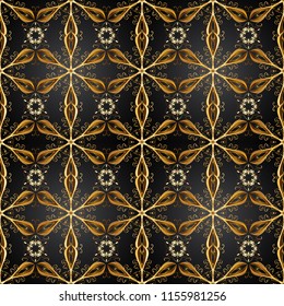 Golden floral ornament in baroque style. Golden element on gray, brown and black colors. Damask seamless pattern repeating background. Antique golden repeatable wallpaper.