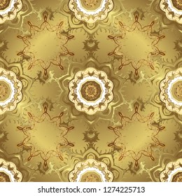 Golden floral ornament in baroque style. Damask seamless pattern repeating background. Golden element on yellow and neutral colors. Antique golden repeatable wallpaper.