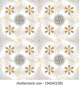 Golden floral ornament in baroque style. Antique golden repeatable wallpaper. Damask seamless pattern repeating background. Golden element on gray and neutral colors.