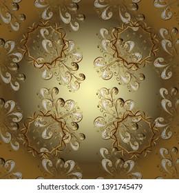 Golden floral ornament in baroque style. Damask seamless pattern repeating background. Antique golden repeatable wallpaper. Golden element on brown and yellow colors.
