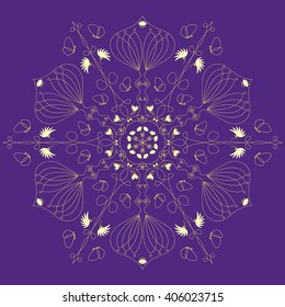 Golden floral ornament with butterflies and flowers on a dark purple background