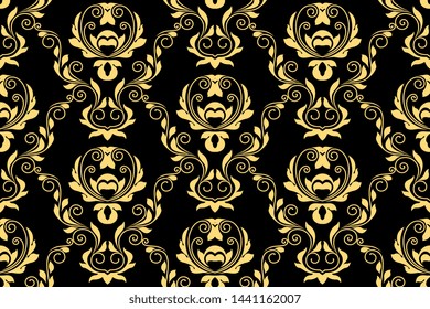 Golden floral ornament on black background. Vector seamless ornament on background. Floral ornament on background. Texture for wallpapers and backgrounds. Wallpaper pattern. Vector illustration