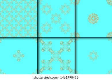 Golden floral ornament on cyan background. Floral ornament on blue green background. Seamless ornament on background. Wallpaper pattern. Textile pattern. Set