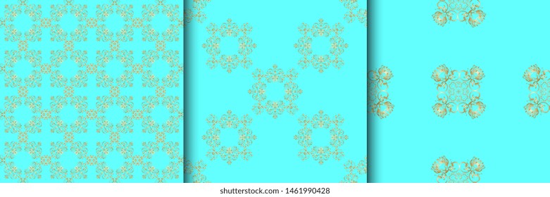 Golden floral ornament on cyan background. Floral ornament on blue green background. Seamless ornament on background. Wallpaper pattern. Textile pattern. Set