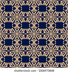 Golden floral ornament on dark blue background. Seamless pattern for textile and wallpapers