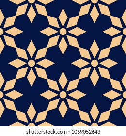 Golden floral ornament on dark blue background. Seamless pattern for textile and wallpapers