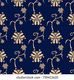 Golden floral ornament on dark blue background. Seamless pattern for textile and wallpapers