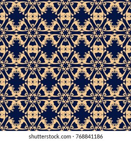 Golden floral ornament on dark blue background. Seamless pattern for textile and wallpapers