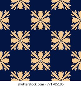 Golden floral ornament on dark blue background. Seamless pattern for textile and wallpapers