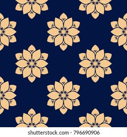 Golden floral ornament on dark blue background. Seamless pattern for textile and wallpapers