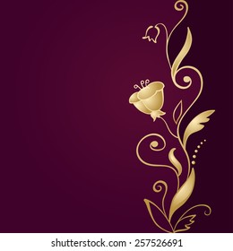 Golden floral ornament on green background. Vector card