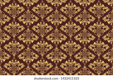 Golden floral ornament on red background. Seamless pattern. Wallpaper in vintage style on ackground. Floral ornament on background. Cute vector illustration