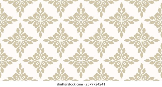 Golden floral ornament. Simple elegant seamless pattern with abstract flower silhouettes, foliage, repeat tiles. Luxury gold and white vector background in damask, oriental style. Exquisite geo design