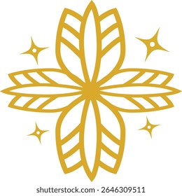 Golden floral ornament with symmetrical petals and sparkles. Perfect for Islamic themes, traditional invitations, and elegant geometric design projects.