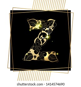 Golden Floral Ornamental Alphabet, Initial Letter Z Font with Modern Stylized Frames. Abstract Lines Poster. Vector Typography Symbol for Gold Wedding. Monograms Isolated Design on Black Background