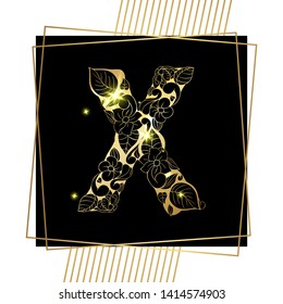 Golden Floral Ornamental Alphabet, Initial Letter X Font with Modern Stylized Frames. Abstract Lines Poster. Vector Typography Symbol for Gold Wedding. Monograms Isolated Design on Black Background