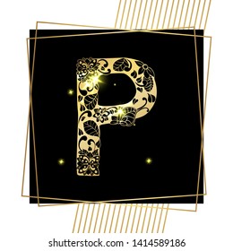 Golden Floral Ornamental Alphabet, Initial Letter P Font with Modern Stylized Frames. Abstract Lines Poster. Vector Typography Symbol for Gold Wedding. Monograms Isolated Design on Black Background