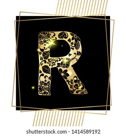 Golden Floral Ornamental Alphabet, Initial Letter R Font with Modern Stylized Frames. Abstract Lines Poster. Vector Typography Symbol for Gold Wedding. Monograms Isolated Design on Black Background