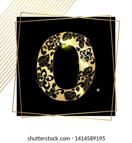 Golden Floral Ornamental Alphabet, Initial Letter O Font with Modern Stylized Frames. Abstract Lines Poster. Vector Typography Symbol for Gold Wedding. Monograms Isolated Design on Black Background