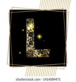 Golden Floral Ornamental Alphabet, Initial Letter L Font with Modern Stylized Frames. Abstract Lines Poster. Vector Typography Symbol for Gold Wedding. Monograms Isolated Design on Black Background