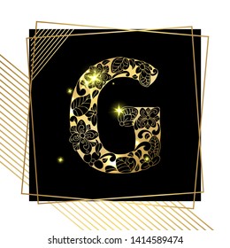 Golden Floral Ornamental Alphabet, Initial Letter G Font with Modern Stylized Frames. Abstract Lines Poster. Vector Typography Symbol for Gold Wedding. Monograms Isolated Design on Black Background