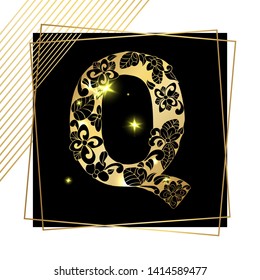 Golden Floral Ornamental Alphabet, Initial Letter Q Font with Modern Stylized Frames. Abstract Lines Poster. Vector Typography Symbol for Gold Wedding. Monograms Isolated Design on Black Background