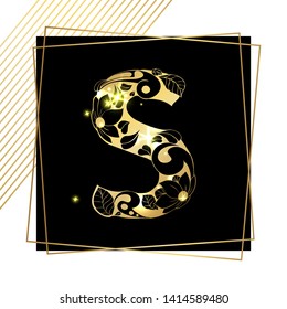 Golden Floral Ornamental Alphabet, Initial Letter S Font with Modern Stylized Frames. Abstract Lines Poster. Vector Typography Symbol for Gold Wedding. Monograms Isolated Design on Black Background