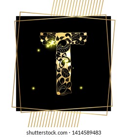 Golden Floral Ornamental Alphabet, Initial Letter T Font with Modern Stylized Frames. Abstract Lines Poster. Vector Typography Symbol for Gold Wedding. Monograms Isolated Design on Black Background