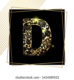 Golden Floral Ornamental Alphabet, Initial Letter D Font with Modern Stylized Frames. Abstract Lines Poster. Vector Typography Symbol for Gold Wedding. Monograms Isolated Design on Black Background