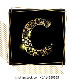 Golden Floral Ornamental Alphabet, Initial Letter C Font with Modern Stylized Frames. Abstract Lines Poster. Vector Typography Symbol for Gold Wedding. Monograms Isolated Design on Black Background