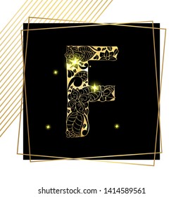 Golden Floral Ornamental Alphabet, Initial Letter F Font with Modern Stylized Frames. Abstract Lines Poster. Vector Typography Symbol for Gold Wedding. Monograms Isolated Design on Black Background