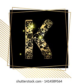 Golden Floral Ornamental Alphabet, Initial Letter K Font with Modern Stylized Frames. Abstract Lines Poster. Vector Typography Symbol for Gold Wedding. Monograms Isolated Design on Black Background