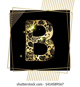 Golden Floral Ornamental Alphabet, Initial Letter B Font with Modern Stylized Frames. Abstract Lines Poster. Vector Typography Symbol for Gold Wedding. Monograms Isolated Design on Black Background