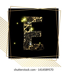 Golden Floral Ornamental Alphabet, Initial Letter E Font with Modern Stylized Frames. Abstract Lines Poster. Vector Typography Symbol for Gold Wedding. Monograms Isolated Design on Black Background