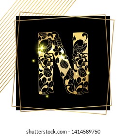 Golden Floral Ornamental Alphabet, Initial Letter N Font with Modern Stylized Frames. Abstract Lines Poster. Vector Typography Symbol for Gold Wedding. Monograms Isolated Design on Black Background