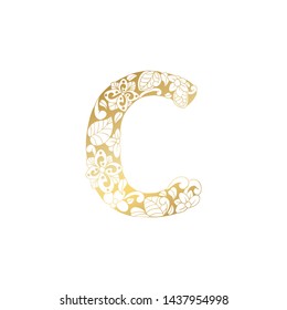 Golden Floral Ornamental Alphabet, Initial Letter C Font. Vector Typography Symbol for Gold Wedding and Monograms Isolated Ornament Design