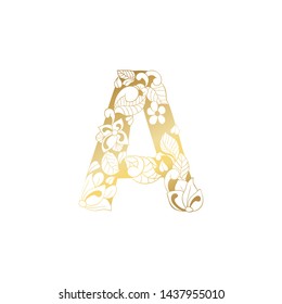 Golden Floral Ornamental Alphabet, Initial Letter A Font. Vector Typography Symbol for Gold Wedding and Monograms Isolated Ornament Design