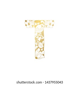 Golden Floral Ornamental Alphabet, Initial Letter T Font. Vector Typography Symbol for Gold Wedding and Monograms Isolated Ornament Design