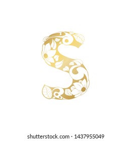 Golden Floral Ornamental Alphabet, Initial Letter S Font. Vector Typography Symbol for Gold Wedding and Monograms Isolated Ornament Design